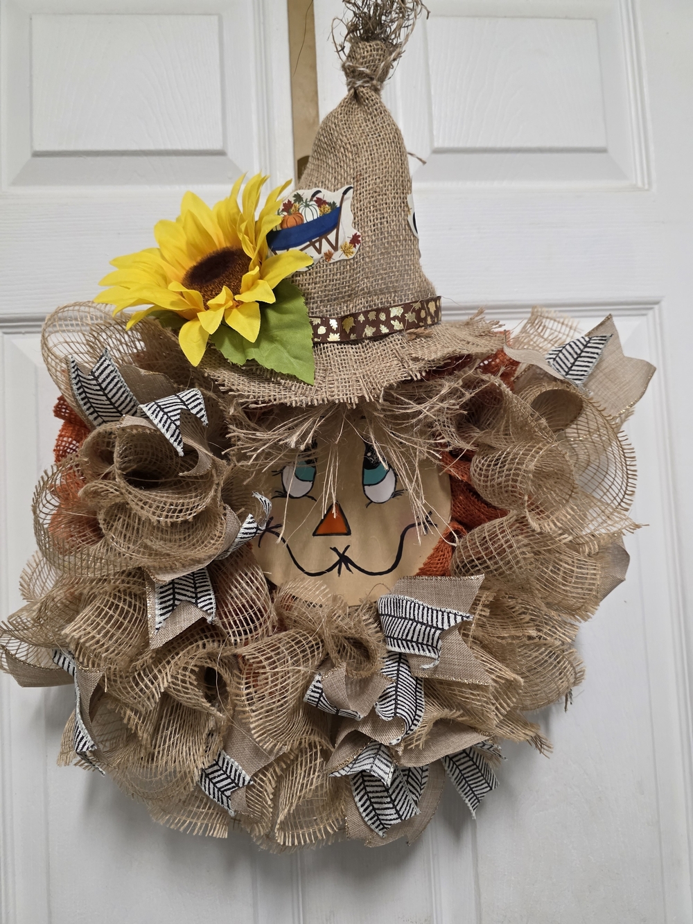 Autumn Sunflower Scarecrow Burlap Door Wreath - Yellow & Natural